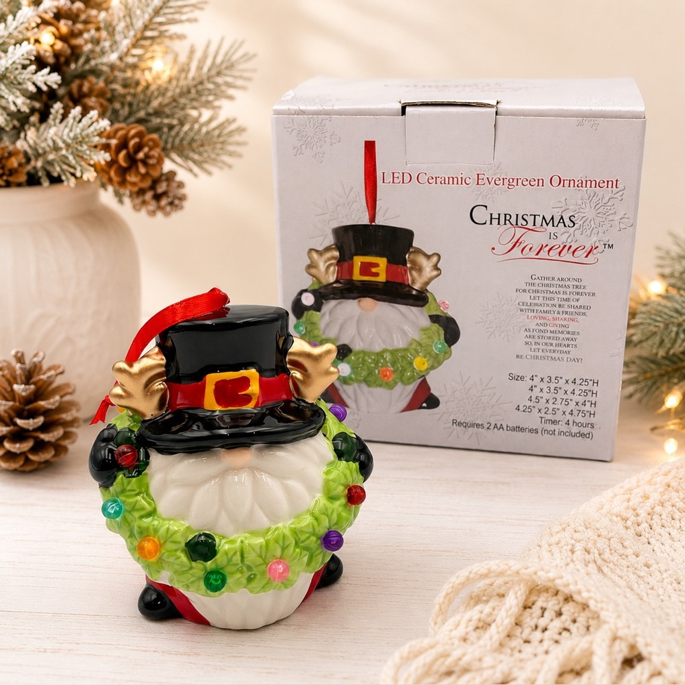 *New* LED Ceramic Christmas Buckle Hat Gnome Ornament (Timer/“On”/“Off” Feature)
